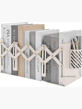 Adjustable Metal Bookends Expandable to 18 Inches with Removable Pen Holder